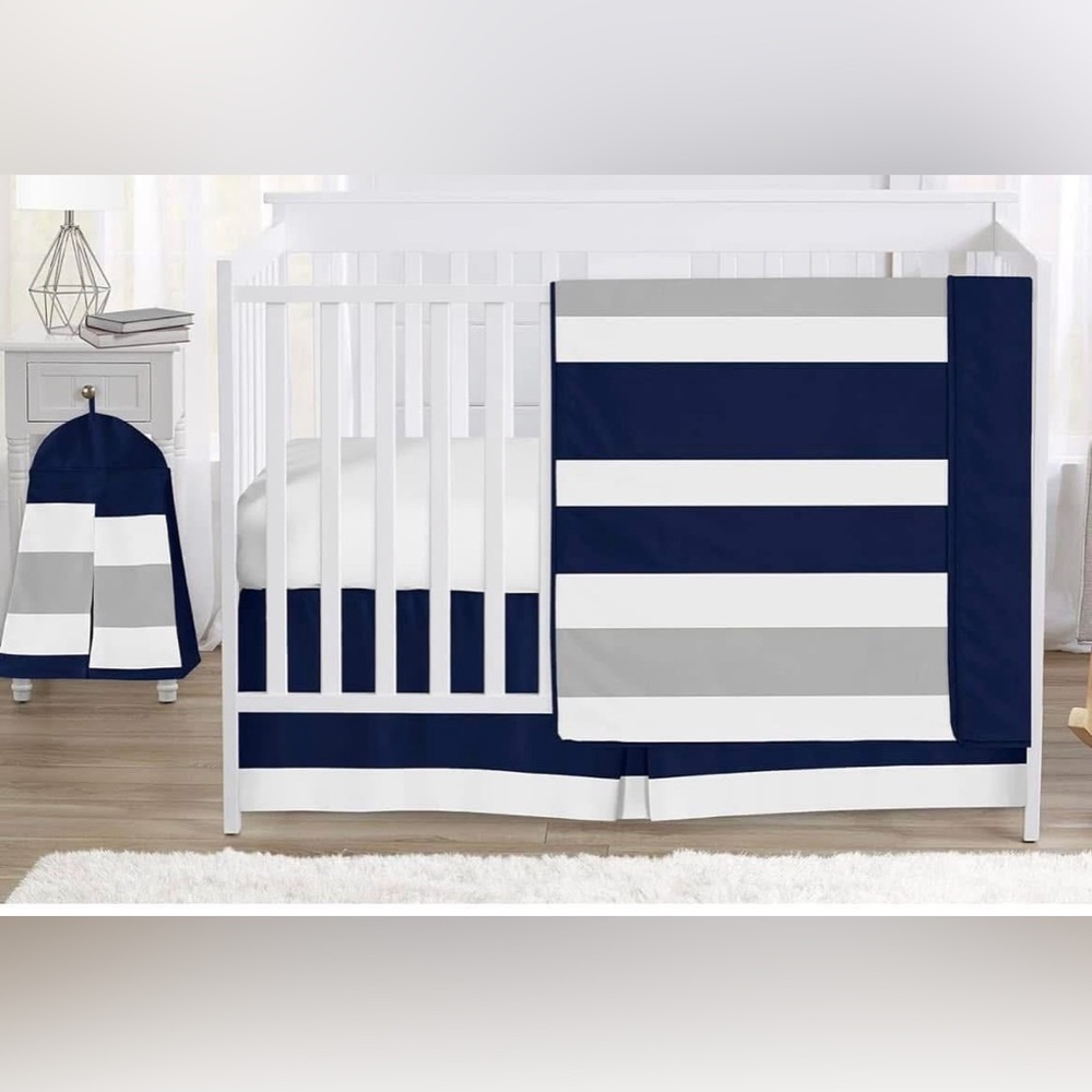 Sweet JoJo Navy and White Striped 5 piece Crib set
